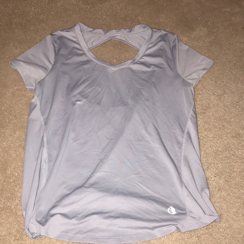 Gray open back workout athletic shirt